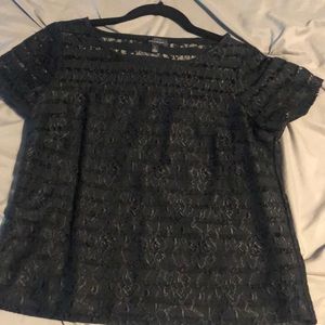 short sleeve  striped and lace black blouse